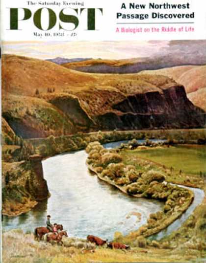 Saturday Evening Post - 1958-05-10: Yakima River Cattle Roundup (John Clymer)