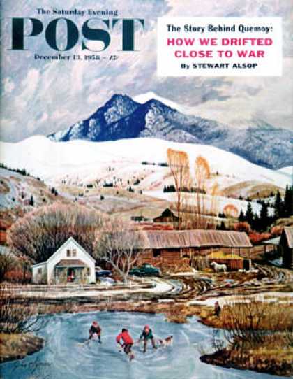 Saturday Evening Post - 1958-12-13: Ice Hockey on Mountain Pond (John Clymer)