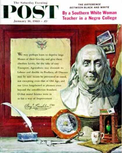 Saturday Evening Post - 1960-01-16: Benjamin Franklin - bust and quote (Stanley Meltzoff)