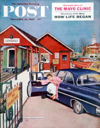 Saturday Evening Post - 1960-11-26: Flat Tire at the Commuter Station (Amos Sewell)