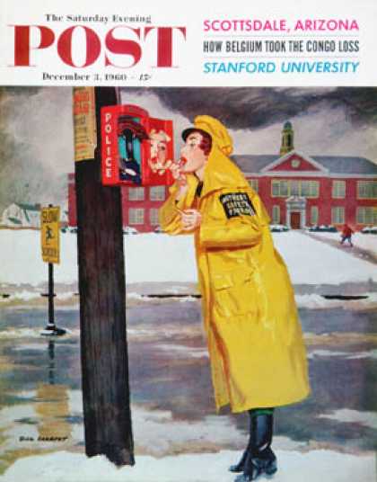 Saturday Evening Post - 1960-12-03: Crossing Guard Fixing Her Makeup (Richard Sargent)