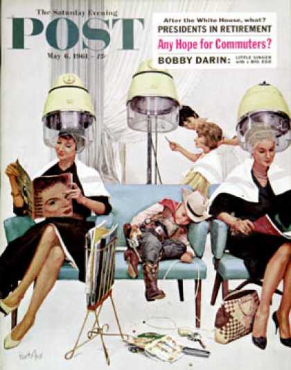 Saturday Evening Post - 1961-05-06: Cowboy Asleep in Beauty Salon (Kurt Ard)
