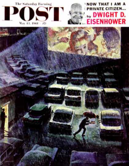 Saturday Evening Post - 1961-05-13: Drive-In Movie in the Rain (John Falter)