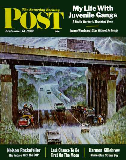 Saturday Evening Post - 1962-09-15: Convertibles Take Cover in Rain (John Falter)