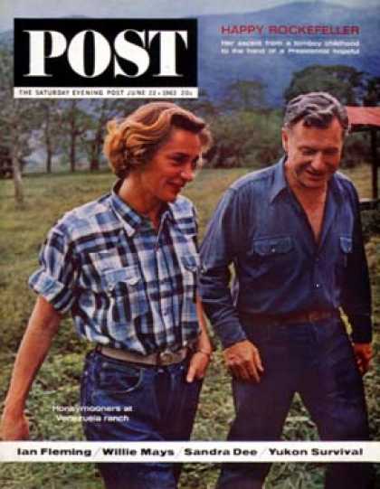 Saturday Evening Post - 1963-06-22: Newlyweds Happy & Nelson   Rockefeller (Martin Lederhandler)
