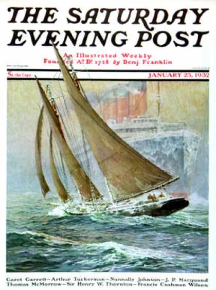 Saturday Evening Post - 1932-01-23: Yacht and Steamship (Anton Otto Fischer)