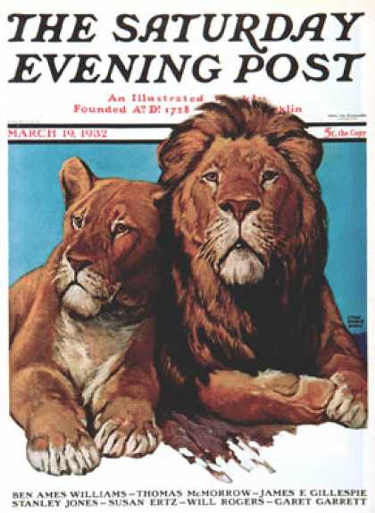 Saturday Evening Post - 1932-03-19: Lion Couple (Lynn Bogue Hunt)