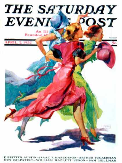 Saturday Evening Post - 1932-04-02: Three Women Running from Rain (John LaGatta)
