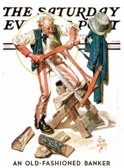 Saturday Evening Post - 1932-07-02: Uncle Sam Sawing Wood (J.C. Leyendecker)