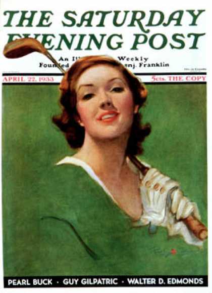 Saturday Evening Post - 1933-04-22: Portrait of Lady Golfer (Penrhyn Stanlaws)