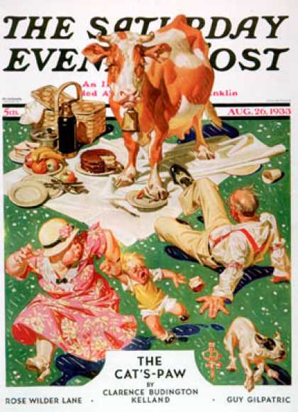 Saturday Evening Post - 1933-08-26: Cow Joins the Picnic (J.C. Leyendecker)