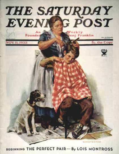 Saturday Evening Post - 1933-11-11: Kitchen haircut (Harold Anderson)
