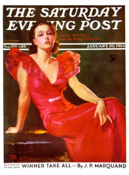 Saturday Evening Post - 1934-01-20: Low-cut Red Dress (Tom Webb)