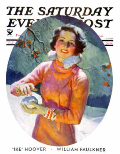 Saturday Evening Post - 1934-02-10: Woman Forming a Snowball (Frederic Mizen)