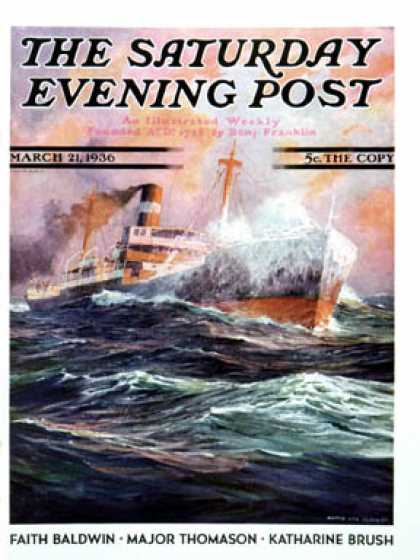 Saturday Evening Post - 1936-03-21: Wave Breaks over Steamer (Anton Otto Fischer)