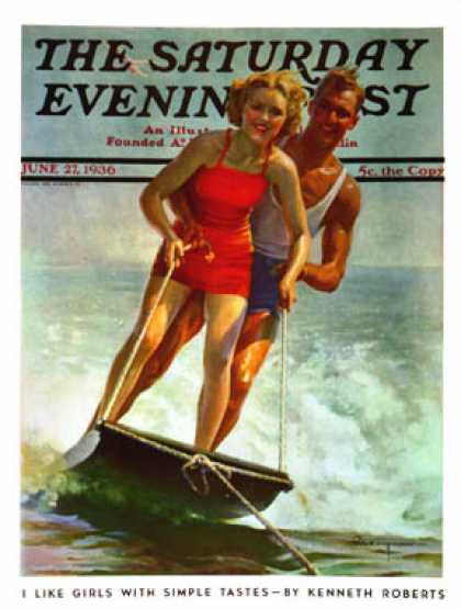Saturday Evening Post - 1936-06-27: Ski Boarding Couple (Robert C. Kauffmann)
