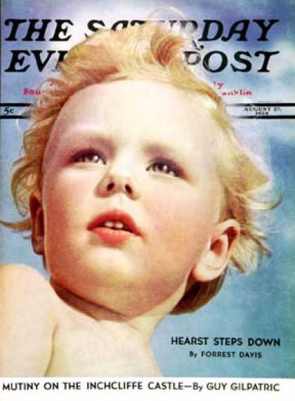 Saturday Evening Post - 1938-08-27: Photograph of baby's head (Ivan Dmitri)