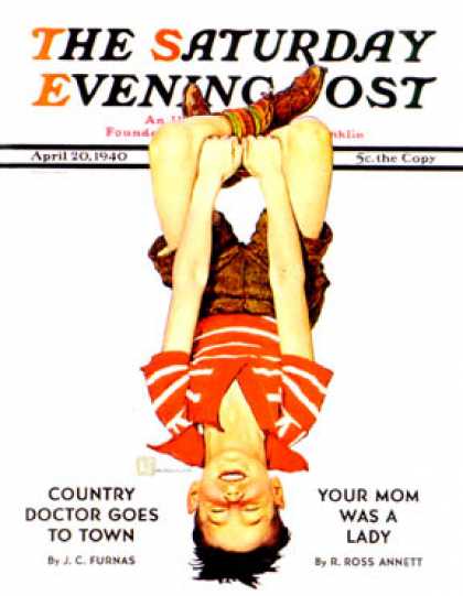 Saturday Evening Post - 1940-04-20: Hanging Upside Down (Douglas Crockwell)