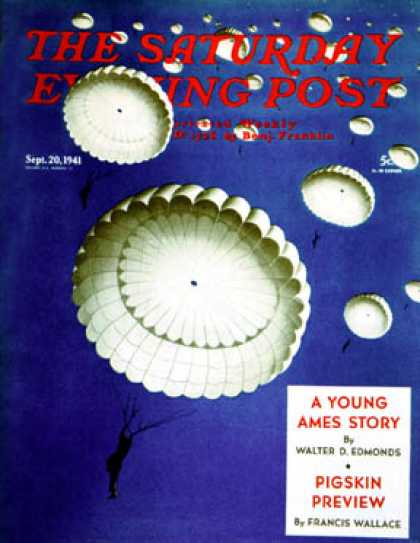 Saturday Evening Post - 1941-09-20: Sky Full of White Parachutes (Arthur C. Radebaugh)