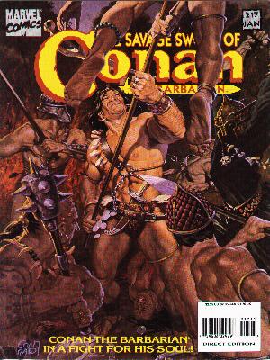 Savage Sword of Conan 217 - Spear - Man Speared - Persian Helmets - Topless Men - Primitive