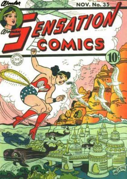 Sensation Comics 35 - Wonder Woman - Magic Lasso - Seagulls - Airplane - Underwater City
