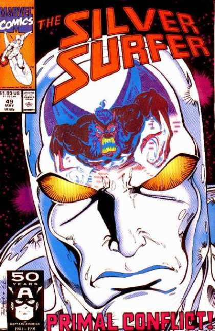 Silver Surfer (1987) 49 - Primal Conflict - Yellow Glowing Eyes - Silver Mask - Wings - Creature - Ron Lim
