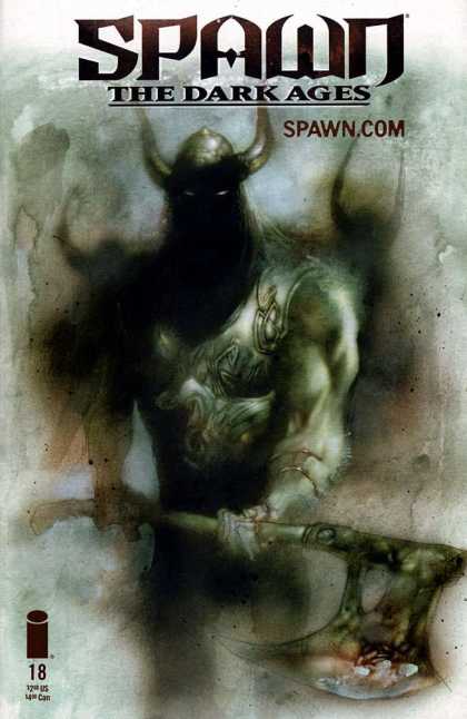 Spawn: The Dark Ages 18 - Horned Helmet - White Eyes - Ax - Armour - Shadows - Ashley Wood