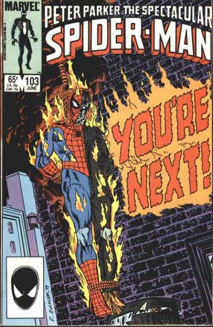 Spectacular Spider-Man (1976) 103 - Marvel - Hanging - Fire - Trash Can - Building - Richard Buckler