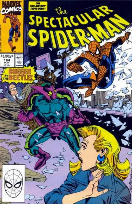 Super Heroe - Bugged Beetle - Window - Broken Glass - Girl - Sal Buscema Spectacular Spider-Man (1976) 164 - Super Heroe - Bugged Beetle - Window - Broken Glass - Girl - Sal Buscema