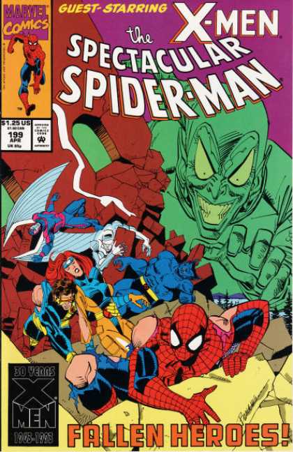 Issue 199 - X-men - Fallen Heroes - Green Goblin - Archangel - Sal Buscema Spectacular Spider-Man (1976) 199 - Issue 199 - X-men - Fallen Heroes - Green Goblin - Archangel - Sal Buscema