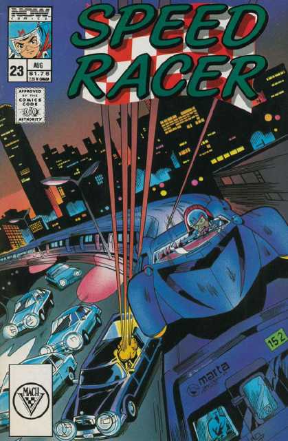 Speed Racer 23 - Buildings - Train - Blue Helmet - Blue Racer - Dusk