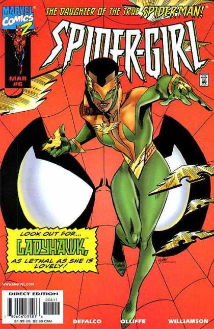 Spider-Girl 6 - Ladyhawk - Green Suit - Hawk Shurikens - Mask Background - Daunting Pose