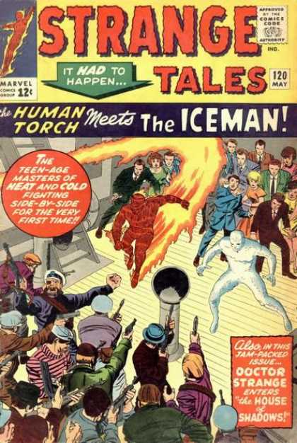 Human Torch - Iceman - Guns - Flame - Ice - George Roussos, Jack Kirby Strange Tales 120 - Human Torch - Iceman - Guns - Flame - Ice - George Roussos, Jack Kirby