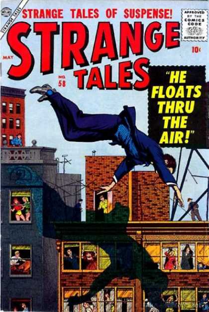 Blue Suit - Apartment Buildings - Residents - Shadow - Roof Tops - Bill Everett Strange Tales 58 - Blue Suit - Apartment Buildings - Residents - Shadow - Roof Tops - Bill Everett