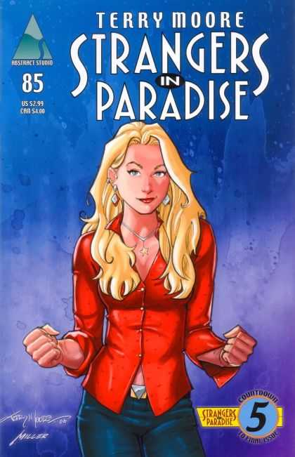 Strangers in Paradise 85 - Terry Moore - Red Shirt - Blonde Hair - Blue Jeans - Diamond Earrings - Brian Miller
