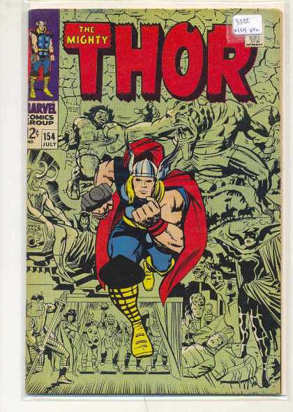 Thor 154 - The Mighty - Green Collage Of Monsters And Noblemen - Yellow Boots - Red Cape - Green Spear - Jack Kirby