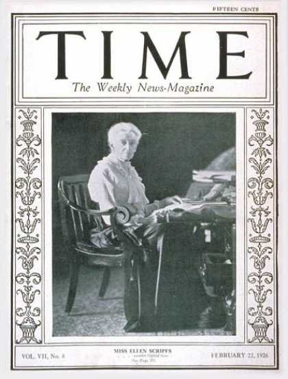 Time - Ellen Scripps - Feb. 22, 1926 - Philanthropy - Publishing - Women - Health & Med