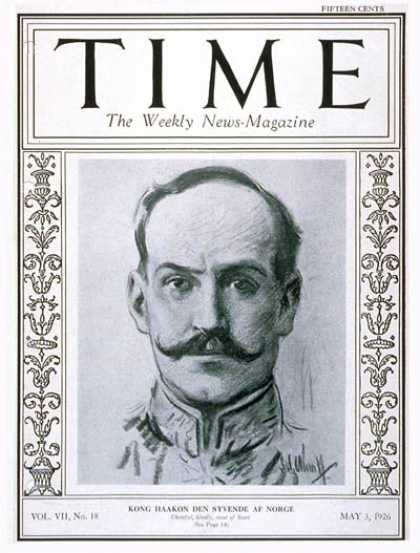 Time - King Haakon VII - May 3, 1926 - Royalty - Norway