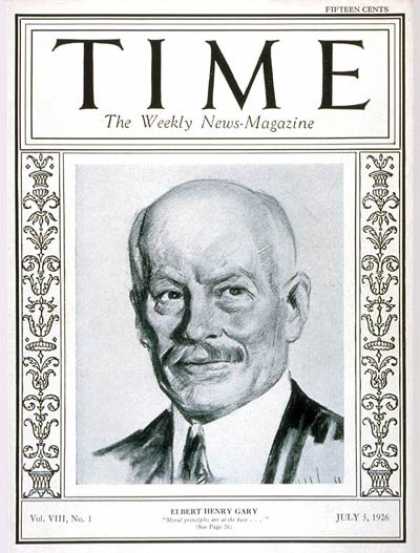 Time - Elbert Henry Gary - July 5, 1926 - Business - Politics
