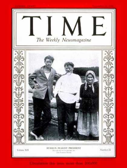 Time - Michael I. Kalinin - Nov. 26, 1928 - Russia - Communism - Revolutionaries