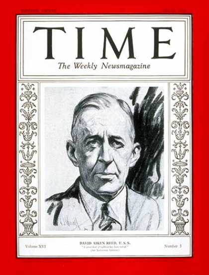Time - Senator David A. Reed - July 21, 1930 - Congress - Senators - World War I - Poli