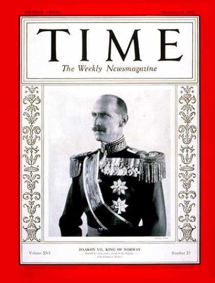 Time - King Haakon VII - Dec. 8, 1930 - Royalty - Norway