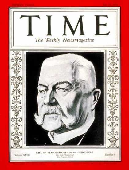 Time - Paul Von Hindenburg - July 27, 1931 - World War I - Germany