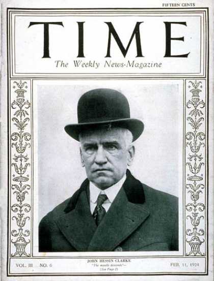 Time - John H. Clarke - Feb. 11, 1924 - Supreme Court - League of Nations - Diplomacy -