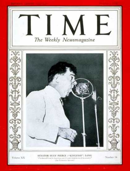 Time - Senator Huey P. Long - Oct. 3, 1932 - Huey P. Long - Congress - Senators - Louis