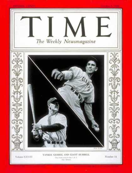 Time - Lou Gehrig & Carl Hubbell - Oct. 5, 1936 - Baseball - Sports