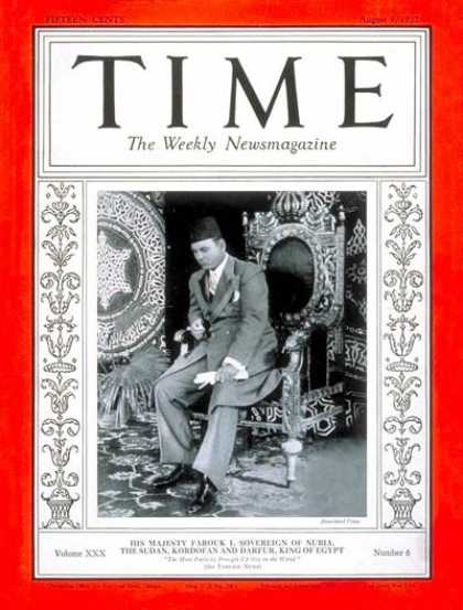 Time - King Farouk I - Aug. 9, 1937 - Royalty - Egypt - Middle East