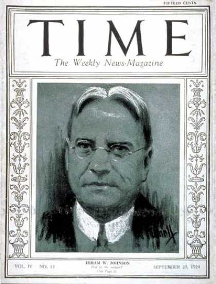 Time - Senator Hiram Johnson - Sep. 29, 1924 - Congress - Senators - Politics