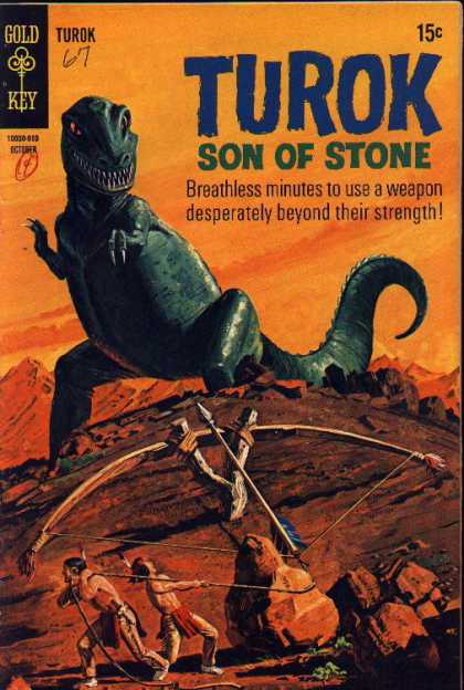 Turok: Son of Stone 67 - Gold Key - T-rex - Bow And Arrow - Rock - Mountains