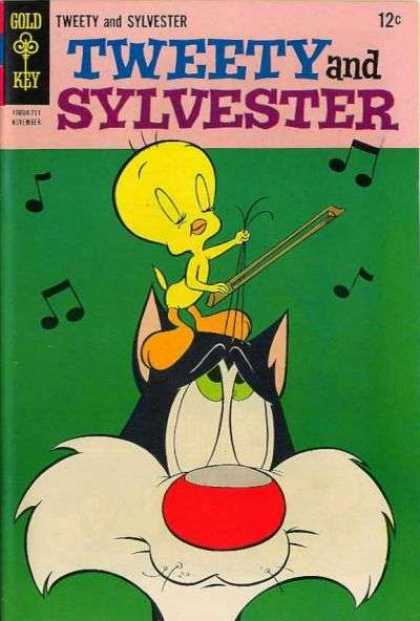 Tweety and Sylvester 8 - Music - Playing Fur As Violin - Musical Notes - Gold Key - Bird On Head